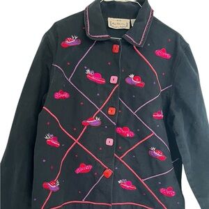 Vintage -Style Red Hat Society Jacket - Black Denim, Bold Stitching & Buttons